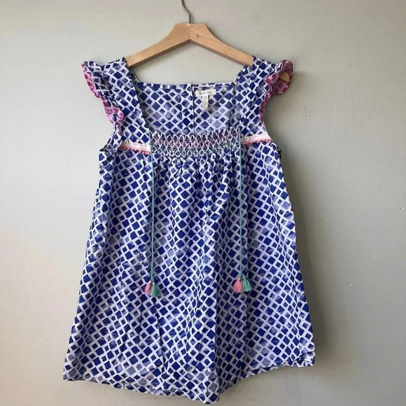Matilda Jane Womens Peasant Blouse Blue Diamond Sleeveless Square Neck Smocked M - Picture 1 of 3
